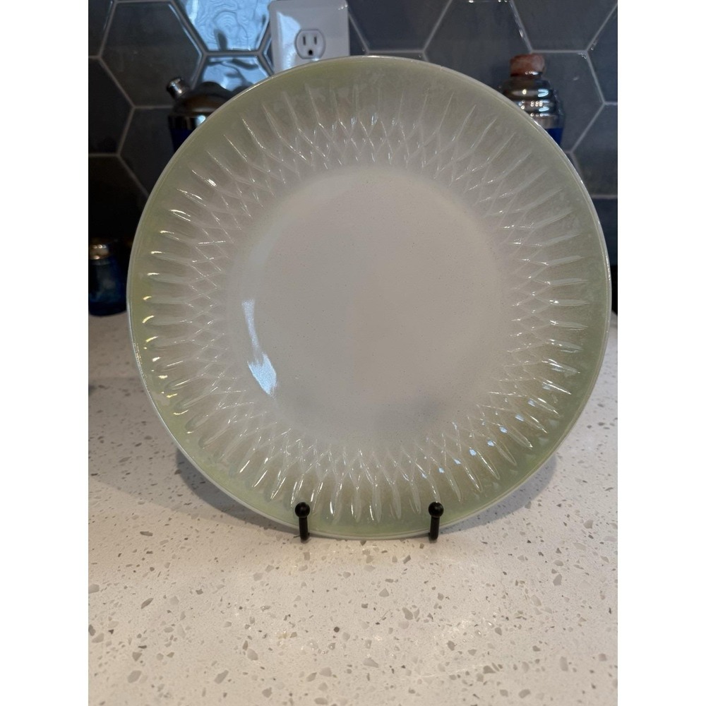 Federal Moonglow White w Green Edge 9 3/4" Dinner Plate Mid Century Modern Glass